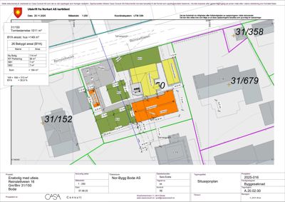 Situasjonsplan som viser tomtens beliggenhet, nabotomter, bygningers plassering og arealoppdeling.