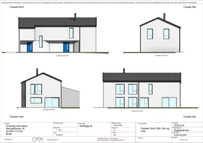Fasadetegning som viser bygningens utseende fra alle fire sider (Nord, Øst, Sør, Vest).