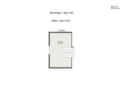 Etasjeplan (2. etasje) som viser romfordeling (TV-Stue) og areal (21,7 m²) for en bolig og en barnehage.