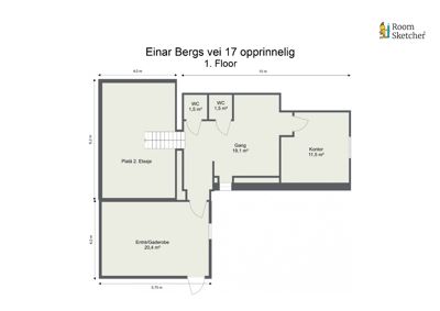 Etasjeplan (1. etasje) for en bygning på Einar Bergs vei 17, som viser romfordeling, arealer og dimensjoner.