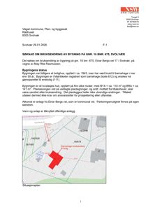 Situasjonsplan som viser eiendomsnummer, naboeiendommer og bygningens plassering i forhold til vei og vann/avløp.
