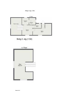 Plantegning for Bolig 2 som viser romfordeling og arealer for 3. etasje og 4. etasje.