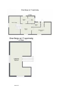 Plantegning for 3. og 4. etasje i en bygning på Einar Bergs vei 17, med romoppdeling og arealopplysninger.