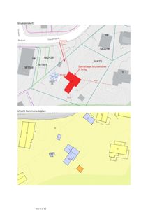 Bildet viser to kart som viser bygningenes plassering i forhold til hverandre og terrenget. Øverste del er et situasjonskart med eiendomsnummer og vei, nederste del er et utsnitt av kommunedelplanen.