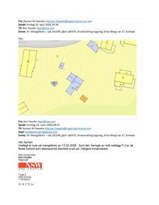 Situasjonsplan som viser tomt, bygninger og veier i et nabolag.