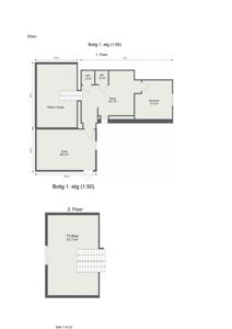 Etasjeplaner for en bolig, som viser romfordeling, mål og areal for 1. og 2. etasje.