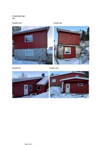 Fotografier av en rød bygning (før-etter eller eksisterende tilstand) fra fire sider: nord, sør, øst og vest.