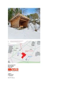 Bildet viser en fotokopiering av en e-post eller dokument. Øverst er det et fotografi av en liten hytte i snø. Nederst er det en situasjonsplan med tomtegrenser og en adresse. Nederst på siden er det en signatur, et logo (NSW Arkitekter) og kontaktinformasjon.