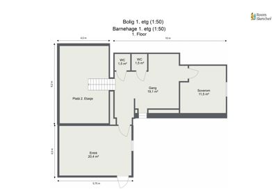 Etasjeplan for første etasje (1. etg) som viser romfordeling for både en bolig og en barnehage, inkludert mål og areal.