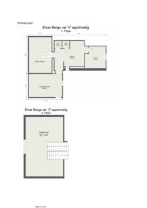 Plantegninger for 1. og 2. etasje i en bygning på Einar Bergs vei 17, med romnavn og arealopplysninger.
