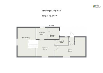 Etasjeplan for 3. etasje i en bygning som inneholder både barnehage og bolig, med romnavn og arealopplysninger.