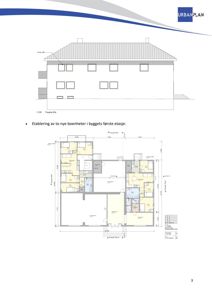 Bildet viser en fasadetegning øverst og en etasjeplan (romfordeling) for første etasje nederst.