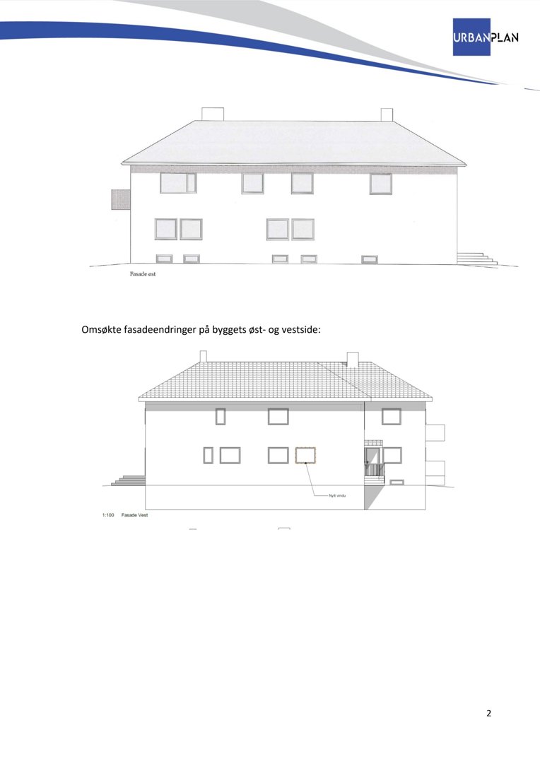 Fasadetegning som viser byggets øst- og vestsider med vinduer, dører og trapper.