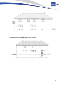 Fasadetegning som viser byggets øst- og vestsider med vinduer, dører og trapper.