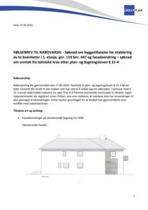 Fasadetegning av eksisterende bygning med angitt fasadevekt og vindusoppsett.