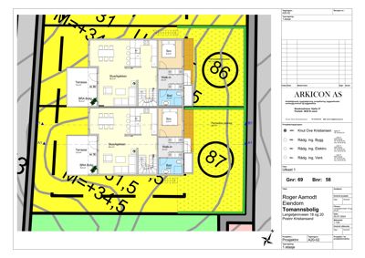 Etasjeplan (1. etasje) som viser romfordeling, arealer og plassering for to boligenheter på tomtene 86 og 87.
