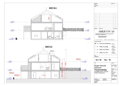 Snittegning (SNITT B-1 og SNITT A1) som viser bygningens tverrsnitt, høyder, etasjer og romfordeling.