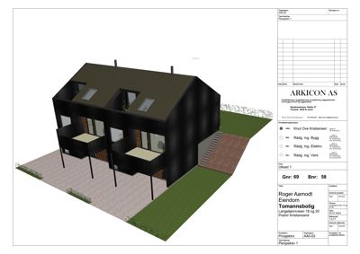 3D-visualisering (perspektiv) av en planlagt bolig med omgivelser.