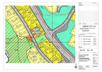 Situasjonskart som viser tomtens beliggenhet, nabotomter, veier, høydemålinger og bygningers plassering.
