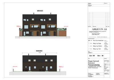 Fasadetegning som viser bygningens utseende fra Sør/Vest og Nord/Øst.