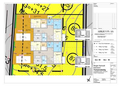Etasjeplan (underetasje) for to boliger i Langetjønnveien 18 og 20, med romfordeling, arealoppdelinger (BRA, BYA) og tekniske merknader.