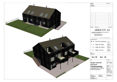 3D-visualisering (rendering) av en bolig sett fra to ulike vinkler (perspektiv 1 og 2).