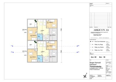 Etasjeplan for et fleretasjes bolighus med romfordeling, mål og funksjonsbeskrivelser.
