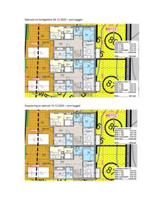 Plantegning av etasjeplaner for en bygning, med romfordeling og arealopplysninger.