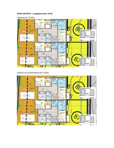 Bildet viser to etasjeplaner (eller tomtplaner) for eiendom ved Langetjennveien 18-20. Planene illustrerer romfordeling, arealoppdelinger (BYA, BRA) og bygningens plassering i forhold til nabotomter.