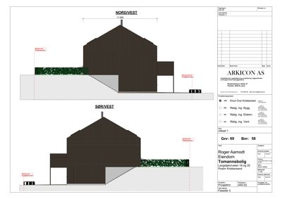 Fasadetegning som viser bygningens utseende fra nord/vest og sør/vest, inkludert takform, vinduer og terrengforhold.