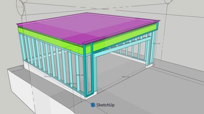 3D-visualisering av en bygning (trollkar eller liknende) med fargelagte konstruksjonsdeler og måleangivelser.
