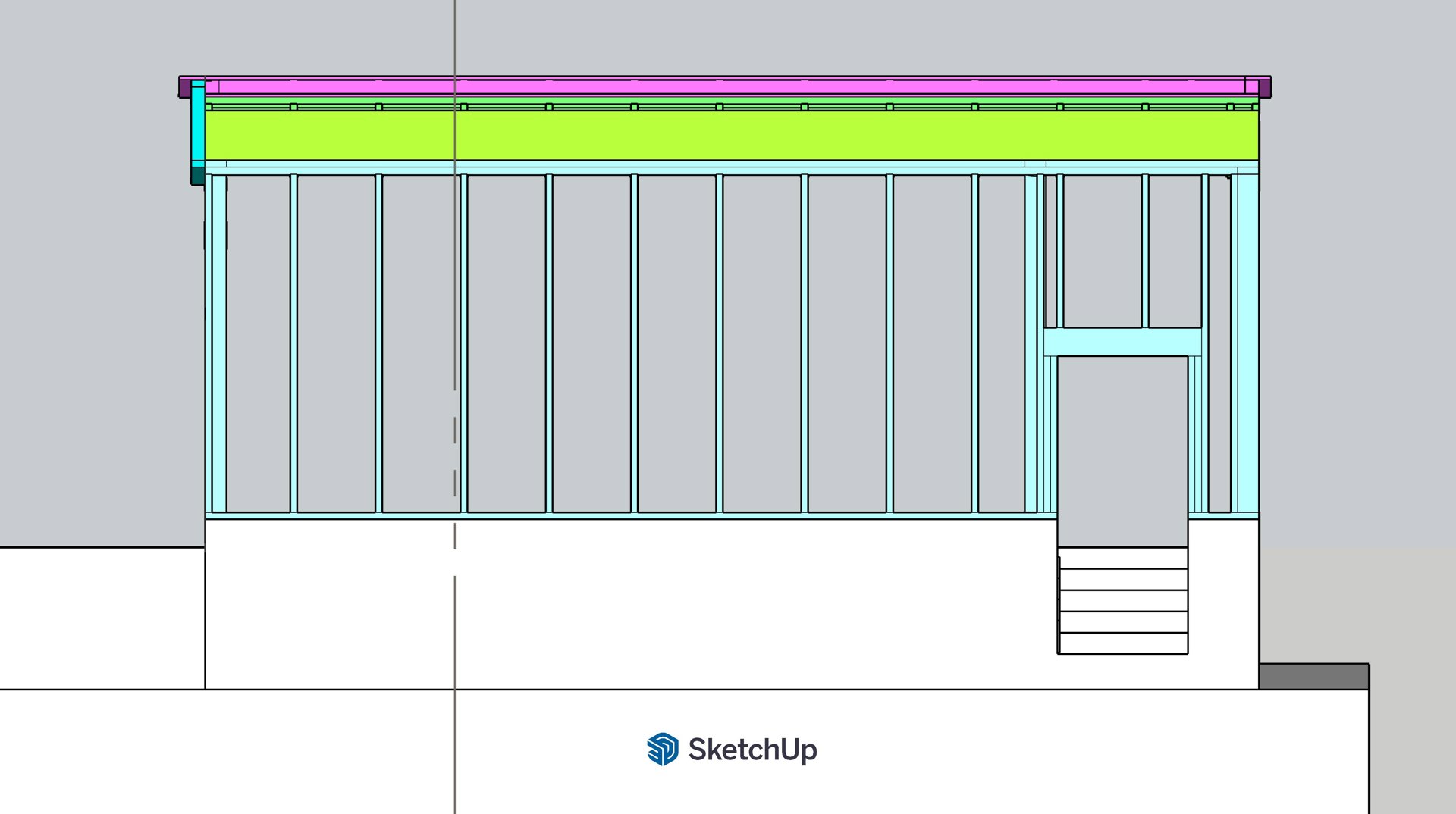 3D-visualisering (rendering) av en fasade, sannsynligvis en snittvisning eller et oppriss, som viser fargelegging av ulike konstruksjonslag (t.d. tak, vinduer, rammer).