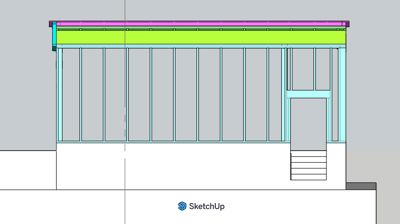 3D-visualisering (rendering) av en fasade, sannsynligvis en snittvisning eller et oppriss, som viser fargelegging av ulike konstruksjonslag (t.d. tak, vinduer, rammer).