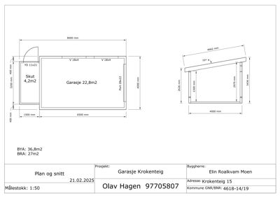 Tegning som viser både etasjeplan (venstre) og snitt (høyre) av en garasje. Tegningen inneholder mål, romareal (BYA/BRA) og tekniske opplysninger om prosjektet.