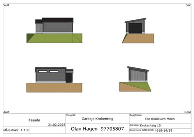 Fasadetegning som viser bygningens utseende fra fire ulike retninger (Vest, Sør, Aust, Nord).
