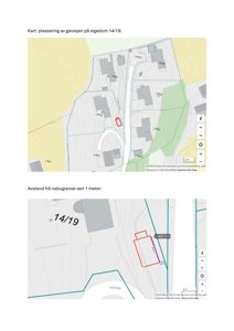 Kart som viser plassering av eiendom 14/19 og en planlagt garasje, inkludert nabogrenser og høydemål.