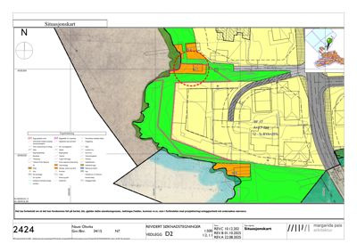 Situasjonskart som viser tomtens beliggenhet, grenser, naboeiendommer og planlagt bebyggelse med fargekodet forklaring.