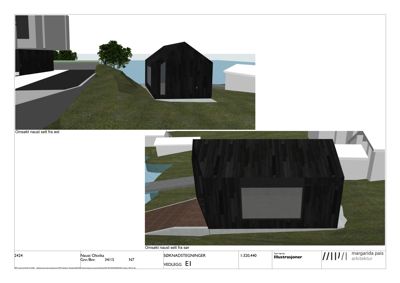 3D-visualisering (rendering) av en svart hytte sett fra øst og sør, inkludert omgivelser.