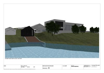 3D-visualisering (rendering) av et hus og omgivelser sett fra vest, nord-vest.