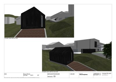 3D-visualisering (rendering) av et omsøkt naust sett fra vest og nord-vest, inkludert omgivelser og terreng.