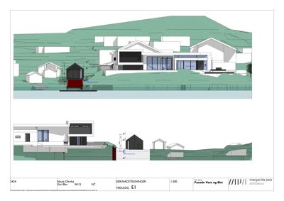 Fasadetegning som viser bygningens utseende fra vest og øst, inkludert omgivelsene og terrengforhold.
