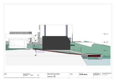 Fasadetegning (Nord) som viser bygningens utseende og relasjon til terrenget.
