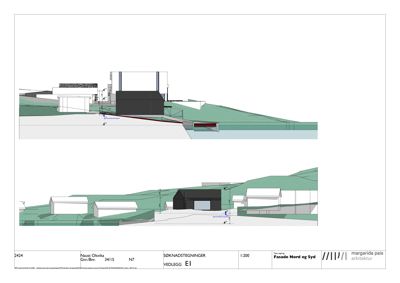 Tegning som viser fasaden på en bygning sett fra nord og syd, inkludert terrengforhold og nabolag.