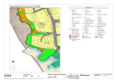 Reguleringsplan med situasjon som viser tomt, bygninger og reguleringer