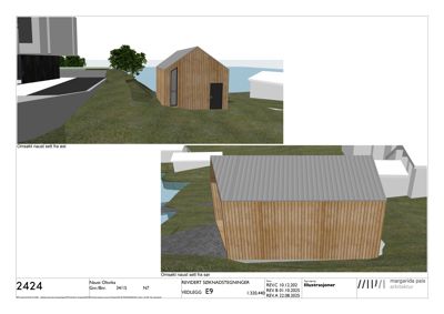 3D-visualisering (rendering) av en nybyggning (naust) sett fra øst og sør, inkludert omgivelser.