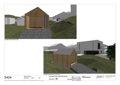 3D-visualisering av et hus (naust) sett fra vest og fra nord-vest, inkludert omgivelsene.
