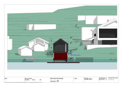 Fasadetegning (opprikk) av en bygning sett fra vest, med omgivende terreng og nabobebyggelse.