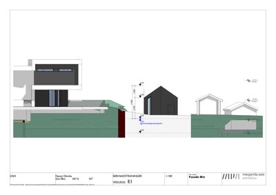 Fasadetegning (opprikk) som viser bygningens utseende sett fra øst, inkludert høydeangivelser og terrengforhold.