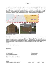 Fotografi av en bygning (naust) sett fra siden, inkludert en illustrasjon av et annet vinkel.