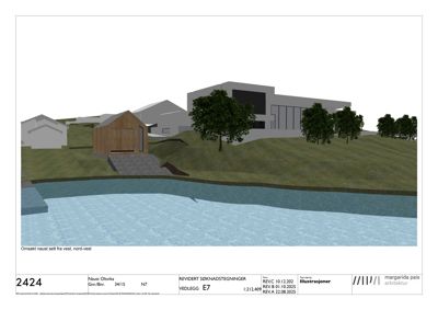 3D-visualisering (rendering) av et hus og en uthus ved vann, sett fra vest-nordvest.